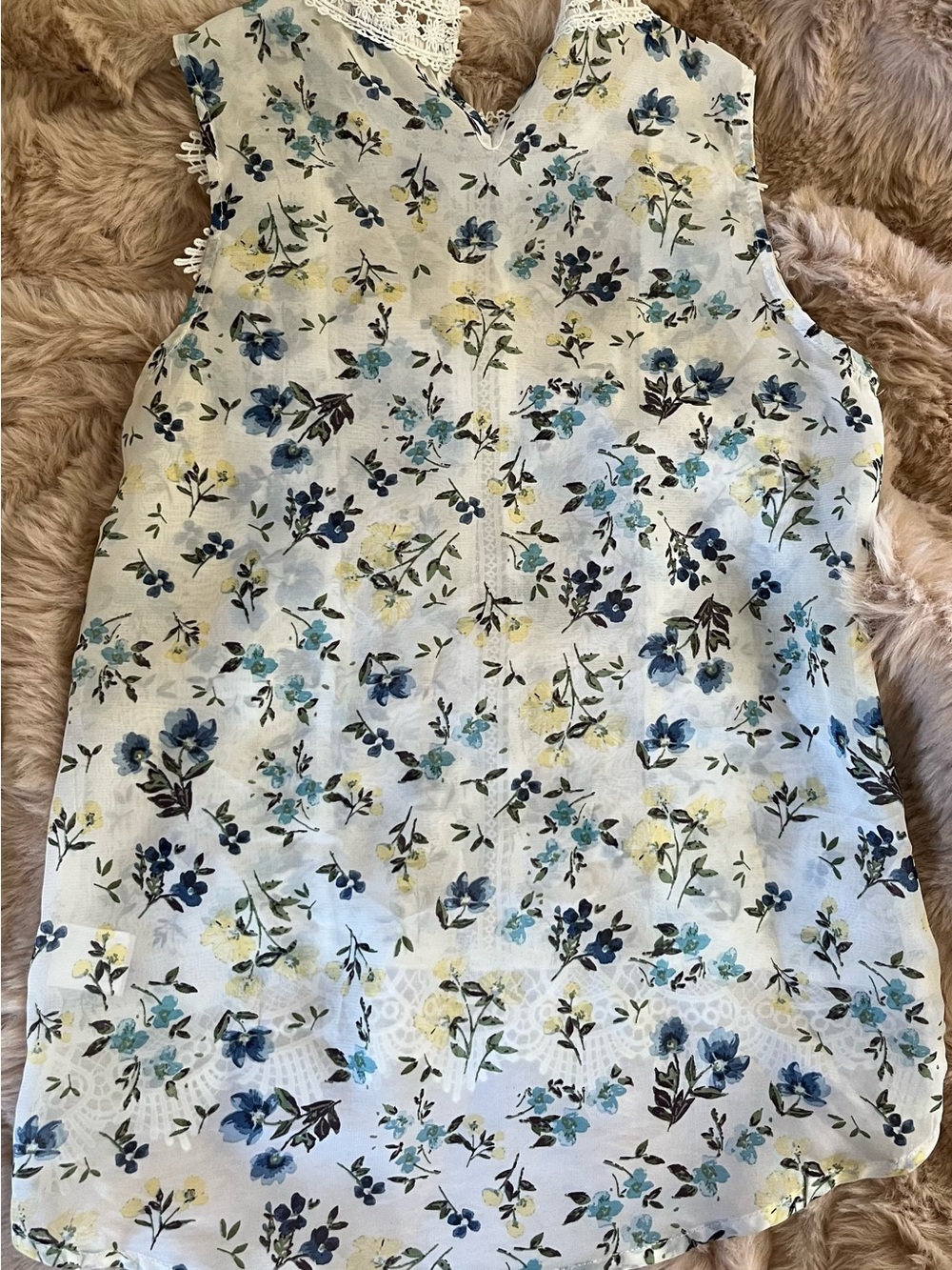 Beautees White Lace-Trim Floral Camisole with Blue & Yellow Accents